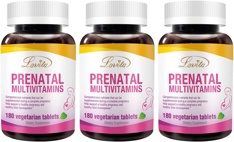 Lovita Prenatal Vitamins with Iron 27 mg, Folic Acid 800mcg & Calcium, Vegan Prenatal Vitamins for Women During and Post Preganacy, Non GMO, 180 Vegetarian Prenatal Pills (Pack of 3)