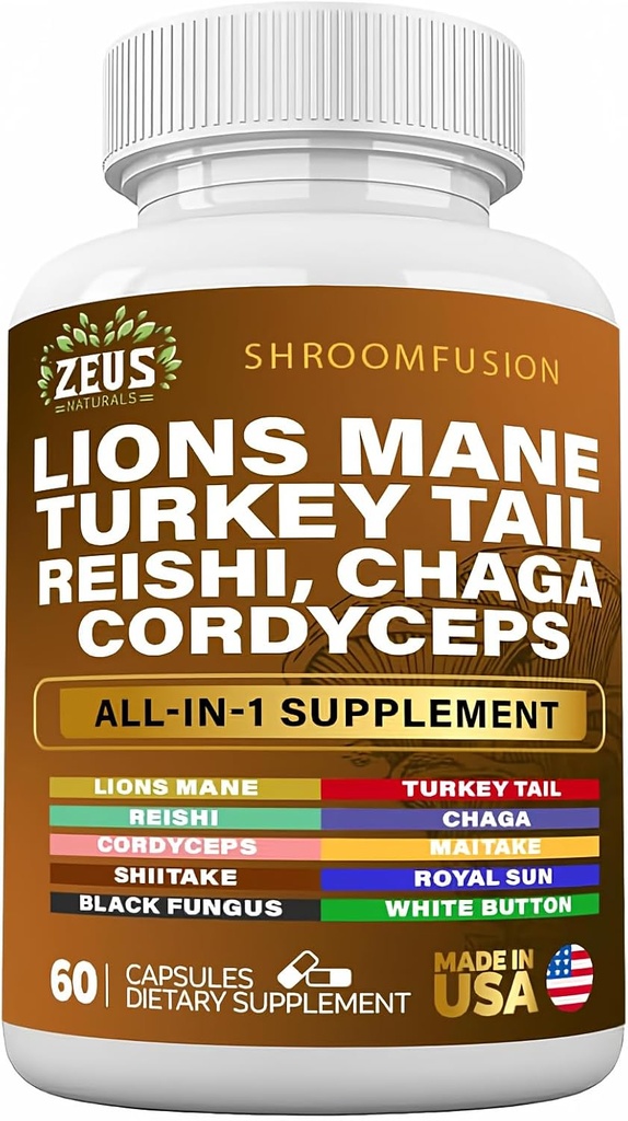 Lions Mane 300mg Tyrkiet Tail 2000mg Cordyceps Chaga 1000mg Reishi 1000mg Maitake Meshima Poria Cocos Shiitake Oyster Porcini Enoki Mushroom Supplement (60Ct)
