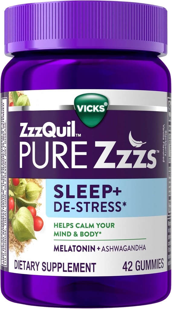 ZzzQuil PURE Zzzs De- Stress Melatonin Sleep Aid Gummies, Hjælper med at berolige dit sind og krop, Ashwagandha for Stress Support, Sleep Aid til voksne, 1 mg per gummy, 42 Greve