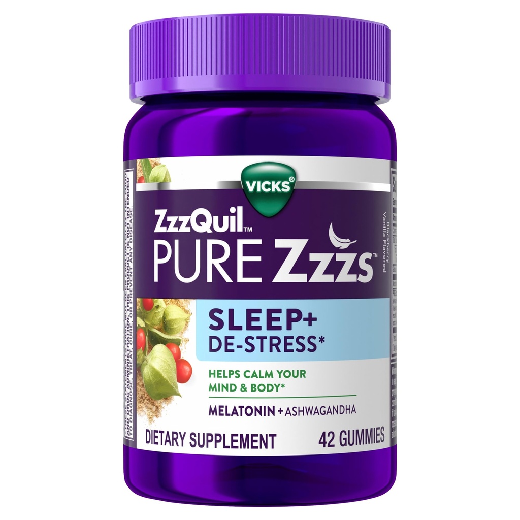 ZzzQuil PURE Zzzs De- Stress Melatonin Sleep Aid Gummies, Hjælper med at berolige dit sind og krop, Ashwagandha for Stress Support, Sleep Aid til voksne, 1 mg per gummy, 42 Greve
