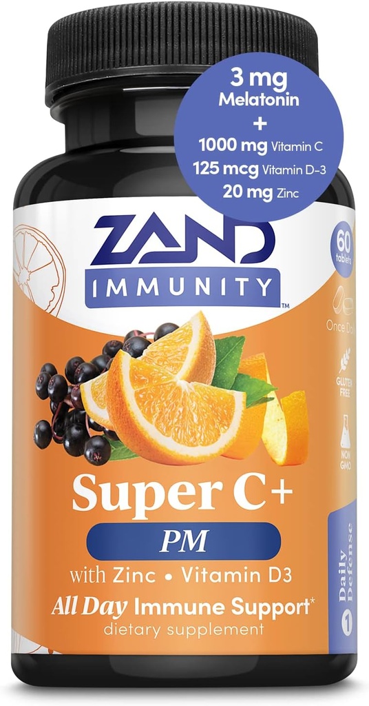 Zand Immunity Super C + PM, Nighttime Immunsupport Plus Melatonin, 1000 mg PureWay-C Vitamin C, Zink, D3 & Elderberry, Forbedret Absorption - 60 tabletter, 30 Servere