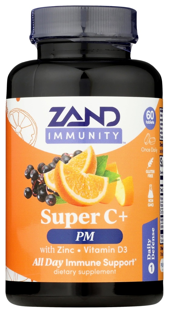 Zand Immunity Super C + PM, Nighttime Immunsupport Plus Melatonin, 1000 mg PureWay-C Vitamin C, Zink, D3 & Elderberry, Forbedret Absorption - 60 tabletter, 30 Servere