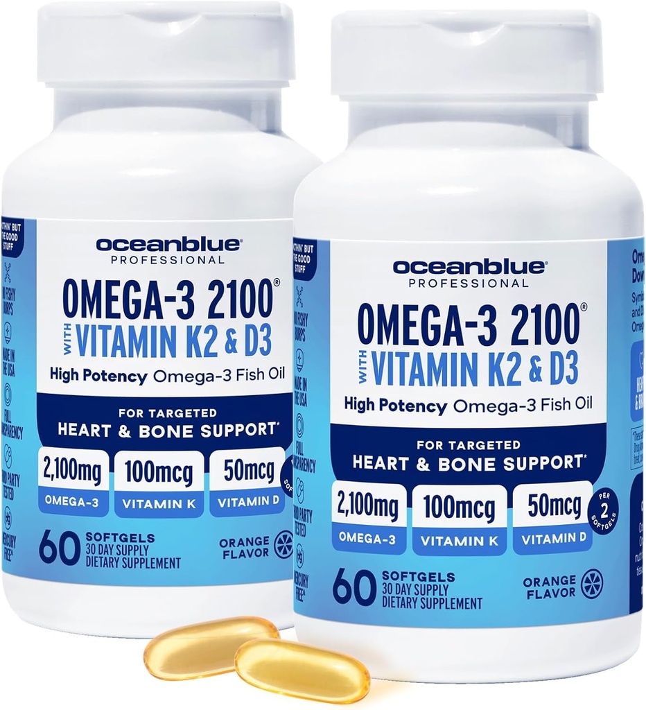 Oceanblå Professional Omega-3 2100 med vitamin K2 og vitamin D3- 60 greve 2 pakke-tredobbelt styrke Burpless Fish Oil tillæg med EPA, DHA & DPA - Wild fanget - Orange Flavor, 60 Serveringer