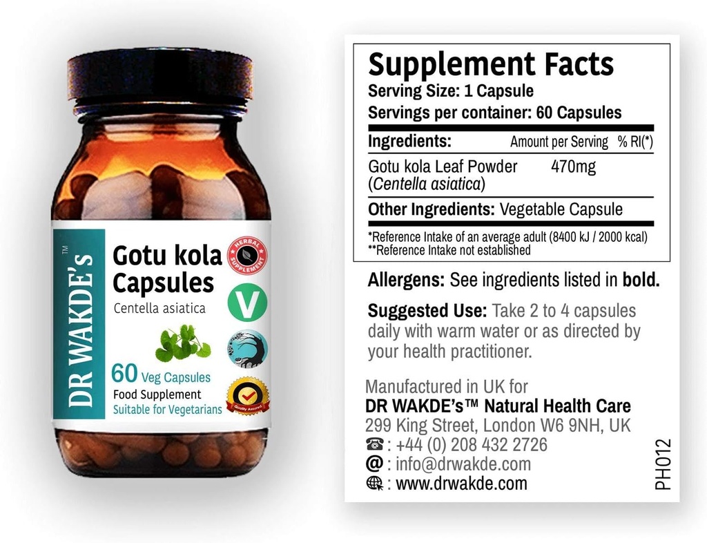 DR WAKDE 's Gotu kola kapsler (Mandukparni, Centella asciatia, 60 Veg Caps, Plant- baseret supplement, Ayurvedic Herb, All Natural, Vegan)