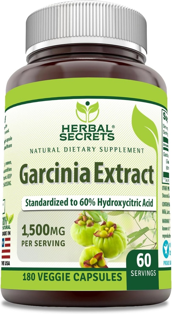 Herbal Secrets Garcinia Extract Supplement |1500 Milligrams | 180 Veggie Capsules | Non-GMO | Gluten-Free | Made in USA
