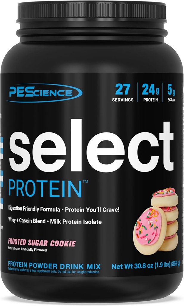 PEScience Select Protein Powder, Whey og Casein Blend, Clean Protein Powder for kvinder og mænd, Lav kalorie, Lav Carb, Keto Friendly, Gluten Free - Frosted Sugar Cookie - 27 Servering