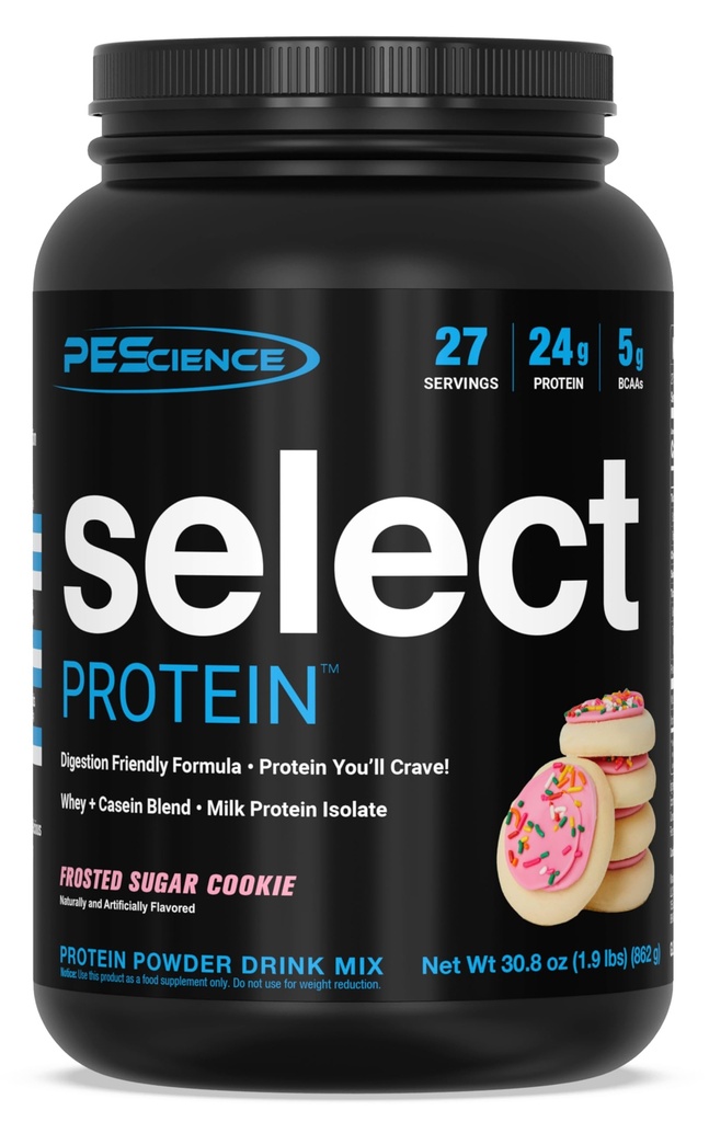 PEScience Select Protein Powder, Whey og Casein Blend, Clean Protein Powder for kvinder og mænd, Lav kalorie, Lav Carb, Keto Friendly, Gluten Free - Frosted Sugar Cookie - 27 Servering