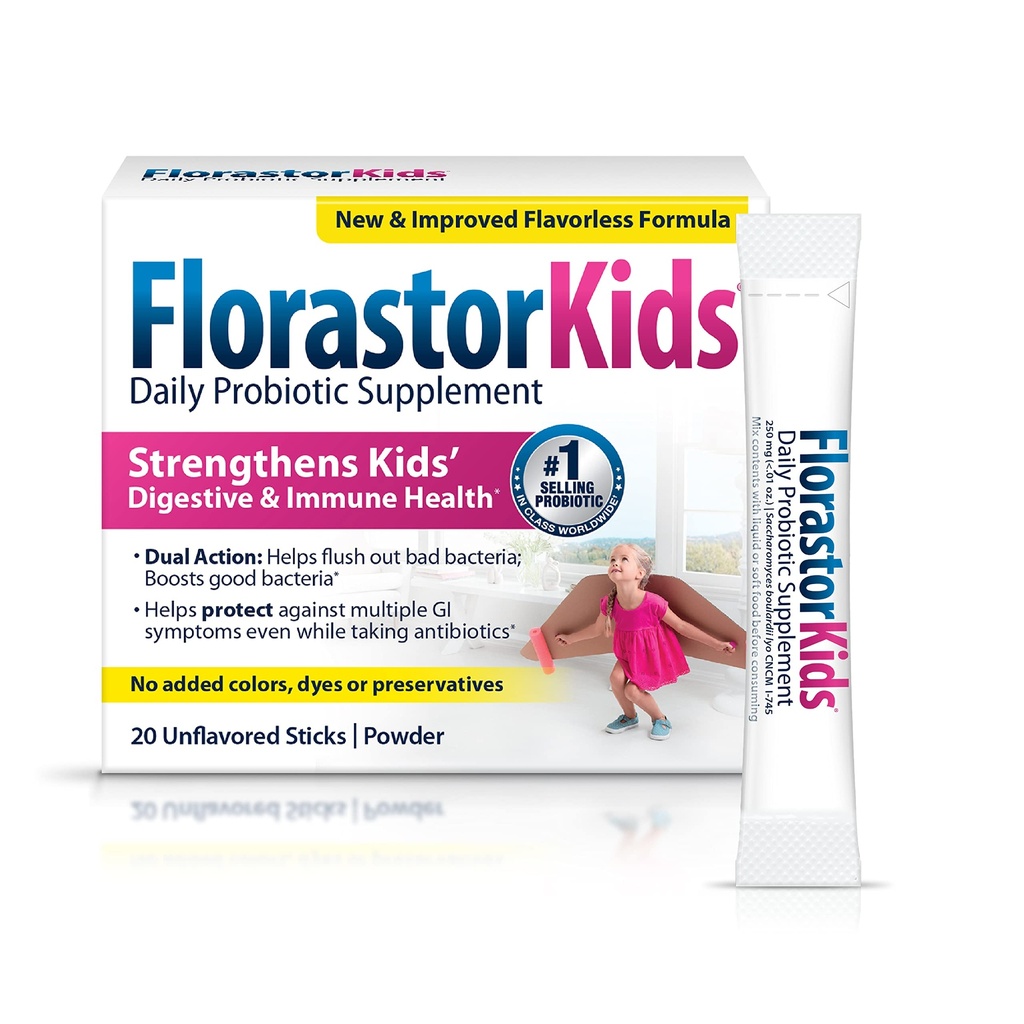 Florastor Kids Daily Probiotic Supplement, Unflavored Powder mixes with Food or Driving, Anvendelse med Antibiotika, Saccharomyces Boulardii CNCM I- 745 (20 Sachets), Pakning med 2