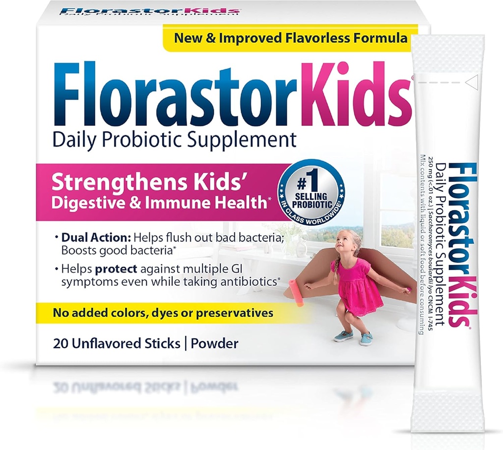Florastor Kids Daily Probiotic Supplement, Unflavored Powder mixes with Food or Driving, Anvendelse med Antibiotika, Saccharomyces Boulardii CNCM I- 745 (20 Sachets), Pakning med 2