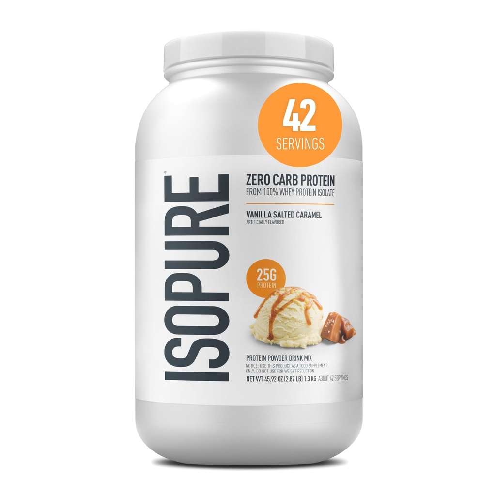 Isopure Zero Carb 100% Pure Whey Isolate Protein Powder, Lactose Free, Gluten Free, Med vitaminer, Vanilla Saltet Caramel, 25g Protein Per Servering, 3 Lbs, 42 Servering (Packaging May Vary)