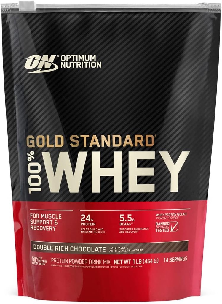 Optimum Nutrition Gold Standard 100% Whey Protein Powder, Dobbelt Rich Chokolade (1 LB.), kan pakke variere