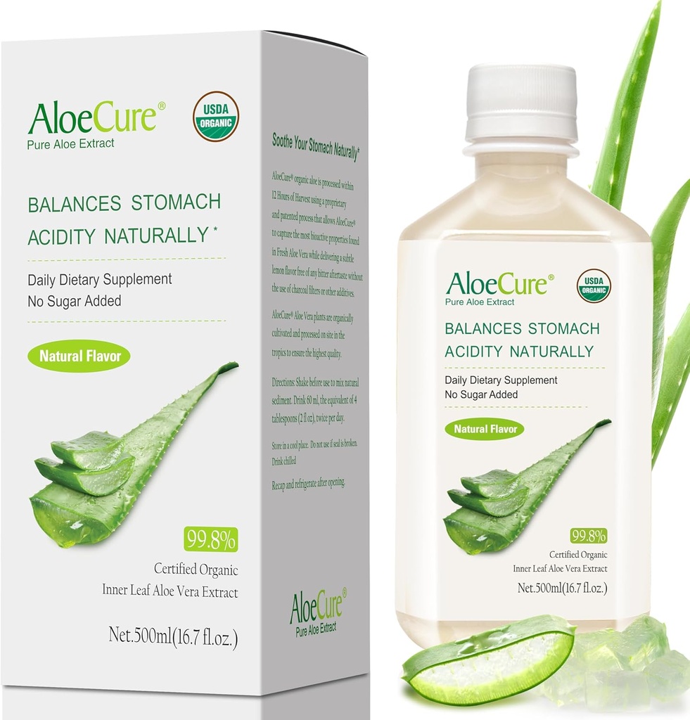 AloeCure USDA Organic Aloe Vera Juice Made Within 12 Hrs of Harvest - Pure Aloe Juice Natural Digestive Supplement to Support Digestion, Immune System and Balanced Stomach Acidity, 500ml Bottle