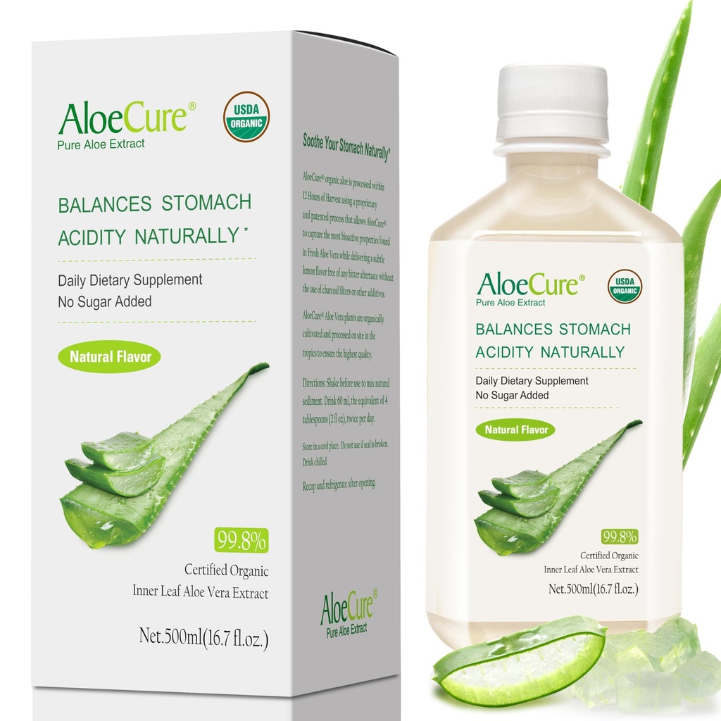 AloeCure USDA Organic Aloe Vera Juice Made within 12 timer af Høsten - Pure Aloe Juice Natural fordøjelsestillæg til støtte fordøjelse, immunsystem og balanceret mave syre, 500ml flaske