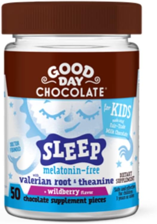God dag Chokolade Natural Valerian Root for Kids, Urte Sleep Supplement, Økologisk Wildberry Flavor, Fair Trade og non-GMO chokolade, L- Theanine, 50 stykker