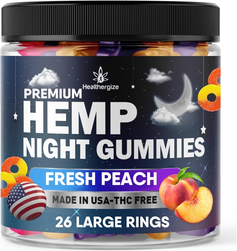 Hamp Gummies Night Time, High Potency Nap Gummies, Fred og Afslapning, Peach Ring Gummy Bear Edibles, Good, Rolig Bedtime- Gomitas para Dormir, Natural Hamp Oil- Made in USA