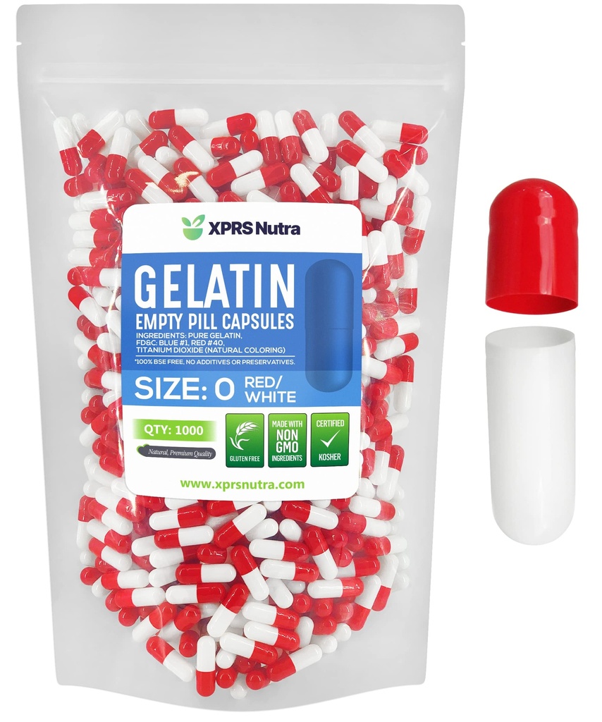 XPRS Nutra Størrelse 0 Tomme kapsler - 1000 Tomme Gelatine kapsler - Piller gør det - Pure Bovin Pille Gel Caps til Do- It- Yourself Kosttilskud (rød / hvid)