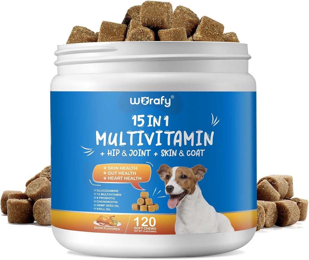 Hund Multivitamin Chewable med Glucosamin, 15-in-1 Hund Multivitamin Kosttilskud, Multivitamin for hunde, Health Support - Hund Skin, Coat, Heart, for Hunde i alle aldre og racer, 120 Soft Chews And Flavor