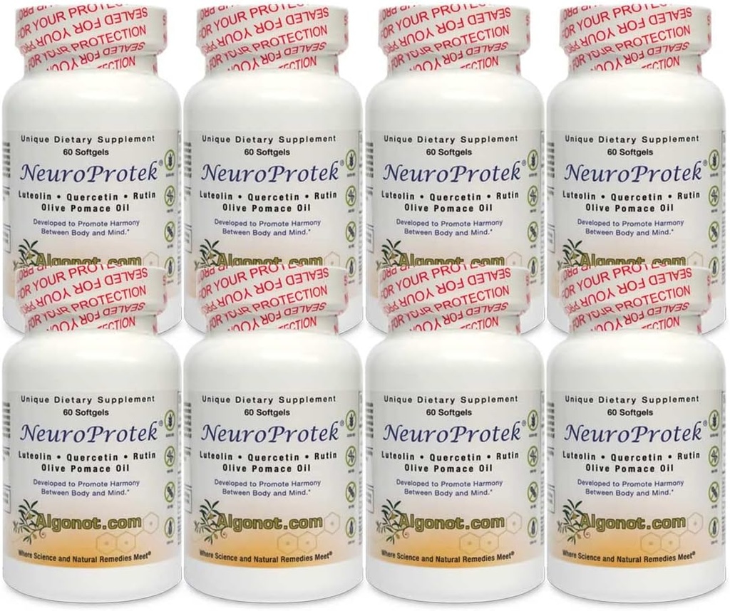 Algonot NeuroProtek 8 Pack: Den eneste liposomal luteolin produkter, der bruger Olive Pomace Oil. Kombination af Luteolin, Quercetin & Rutin i Olive Pomace Oil (reduceret pris bundle)