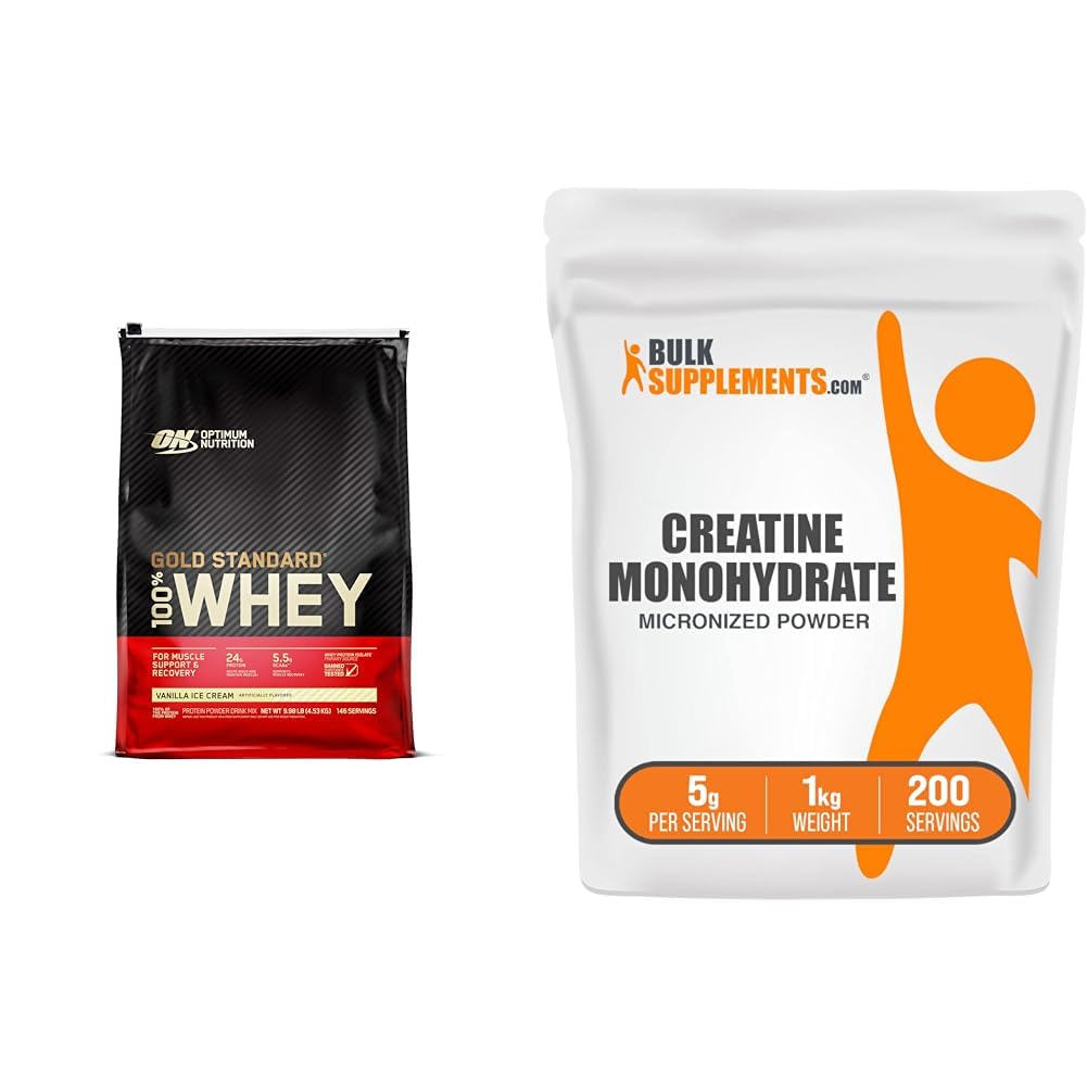 Optimum Nutrition Gold Standard 100% Whey Protein Powder, Vanilla Ice Cream, 10 Pund (Packaging May Vary) & BulkSupplements Mikroniseret Creatin monohydrat pulver (1 kilogram)