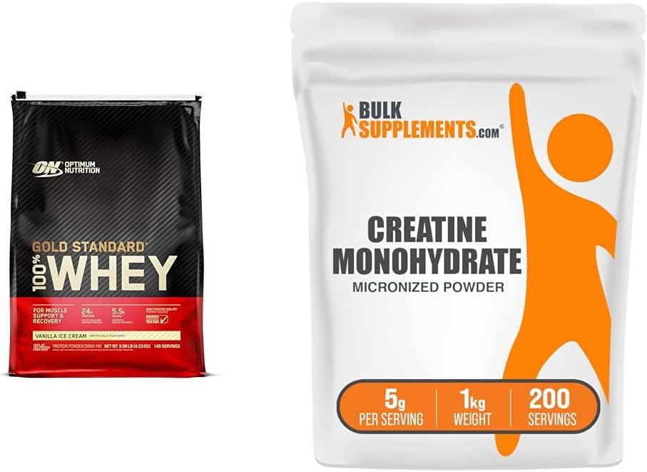 Optimum Nutrition Gold Standard 100% Whey Protein Powder, Vanilla Ice Cream, 10 Pund (Packaging May Vary) & BulkSupplements Mikroniseret Creatin monohydrat pulver (1 kilogram)
