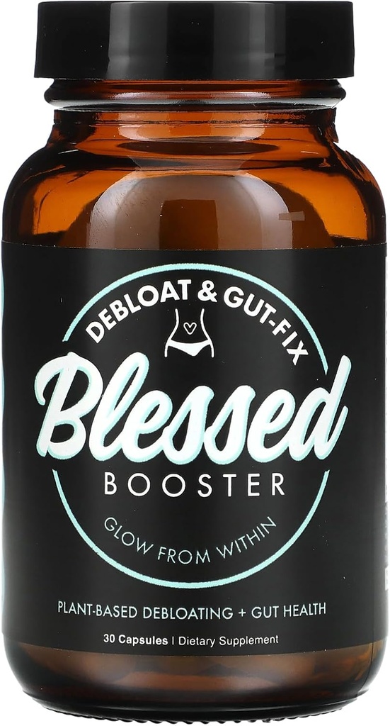BLESSED Booster De- Bloat & Gut Fix - Daily De- Bloat & Gut Health for Belly Bloat Relief & Water Retention, fordøjelsesfremmende enzymer, Plant- baseret, Vegan- Friendly, Gluten- Free, Sugar- Free (30 kapsler)