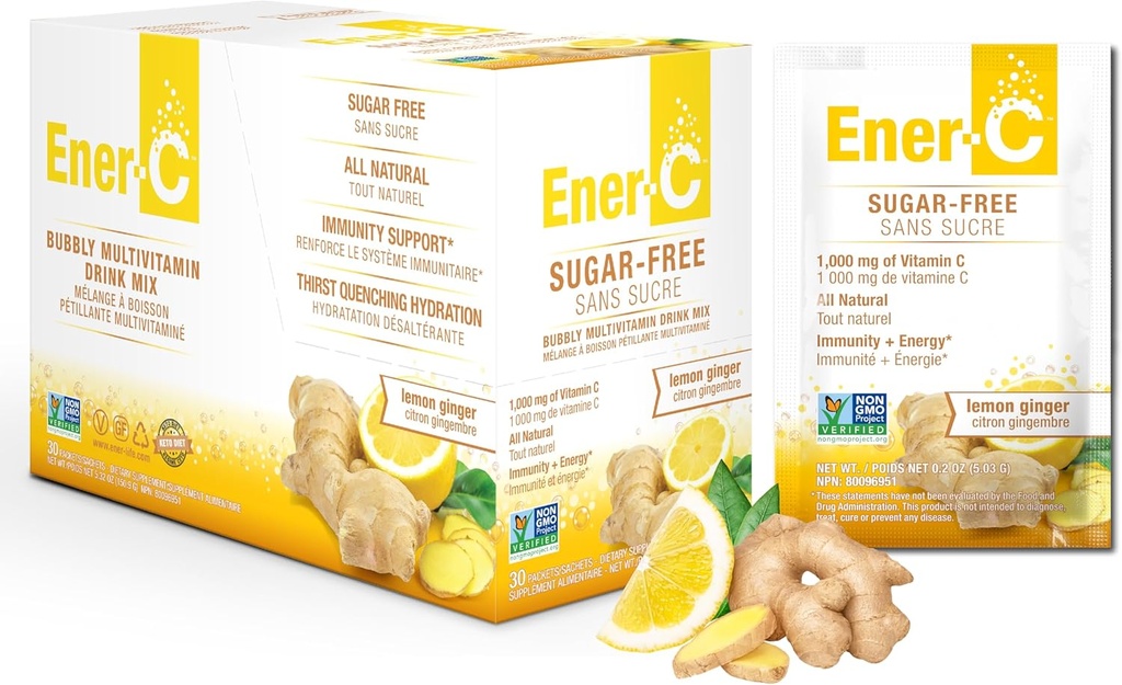 Energi-C Sukker Free Lemon Ginger Multivitamin Drink Mix, 1000mg C-vitamin, non-GMO, Vegan, Real Fruit Juice Powders, Natural Immunity Support, Electrolytes, Gluten Free, 1-pakke med 30