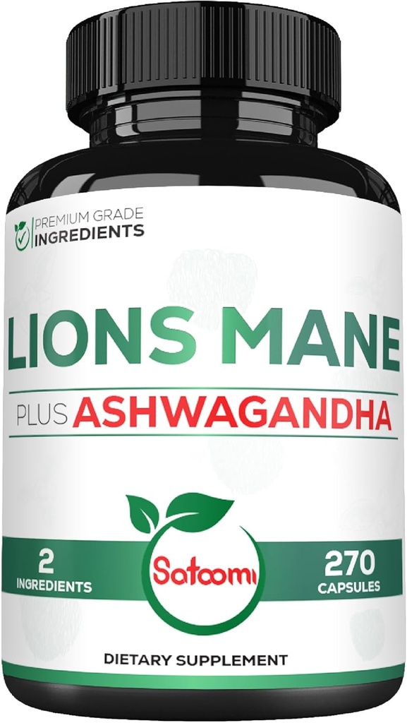 Satomi Lions Mane- supplement kapsler med Ashwagandha supplement - 270 kapsler - Højt koncentreret for afslappende sind, hjerne sundhed, immunsystem & fokus support - Gluten- fri, ikke-GMO