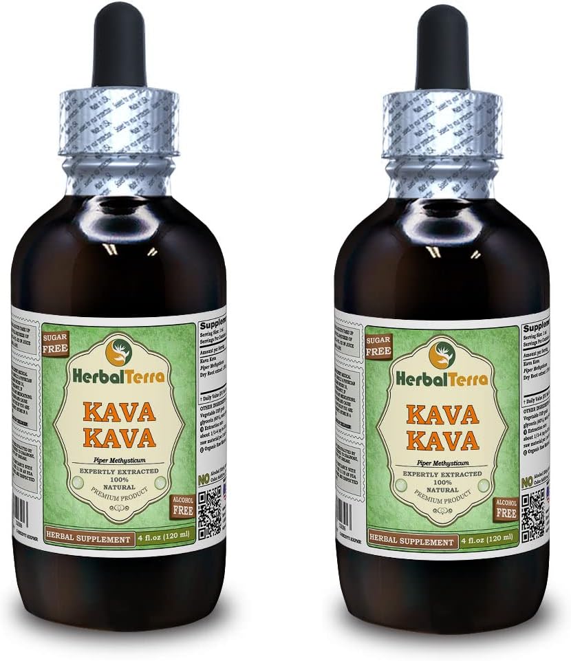 Kava Kava (Piper Methysticum) Glycerit, Tørret Root Alkohol- Free Liquid Extract (Brand Name: HerbalTerra, Stolt Lavet i USA) 2x4 fl.oz (2x120 ml)