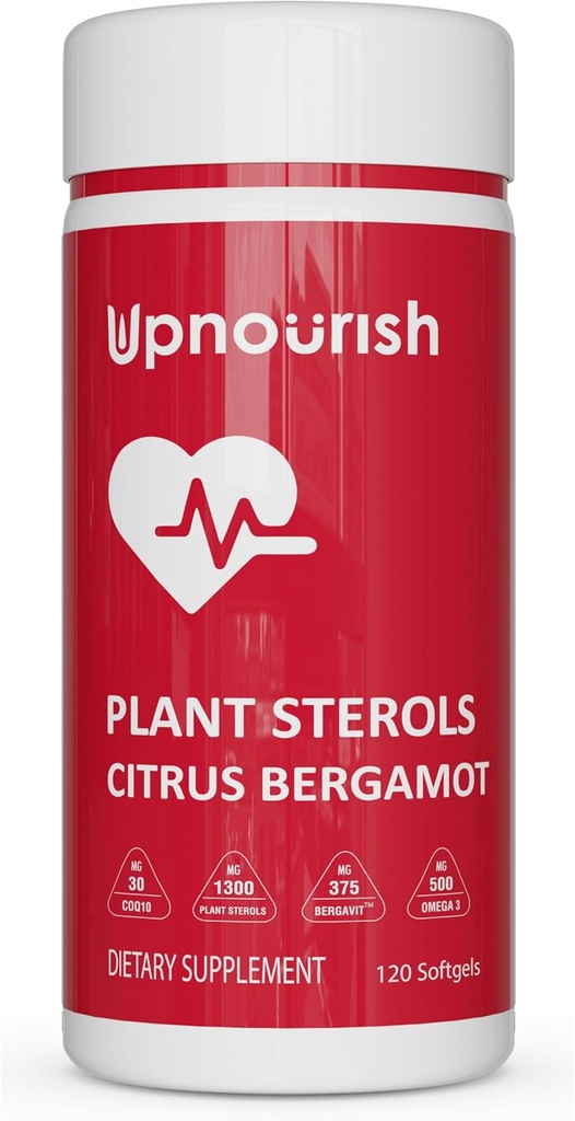 UpNourish Plant Steroler Citrus Bergamot Supplement med CoQ10, Omega 3, Olive Leaf, Gurkemeje Curcumin, Black Hvidløg og Niacin - 120 Softgels