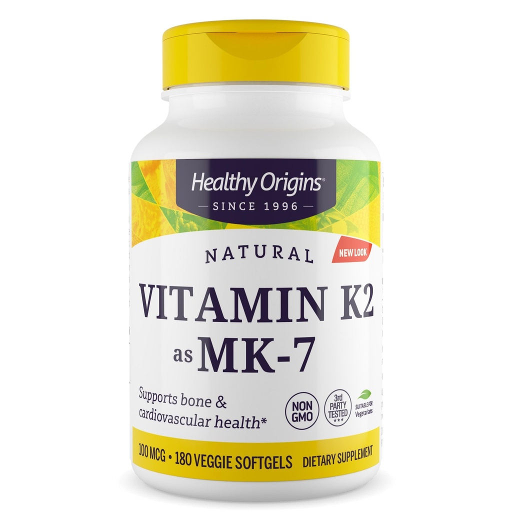 Sund oprindelse Vitamin K2 100 mcg (MK- 7, Non- GMO, Gluten Free, Cardiovascular Support, Ben Support), 180 Veggie Gels