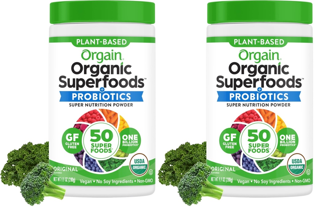 Orgain Organic Green Powder + 50 Superfood, Original - 1 milliarder Probiotika til Gut Health, Antioxidanter, Vegan, Plant Based, Gluten Free, Ikke GMO, Dairy Free Juice & Smoothie Mix - 0.62lb