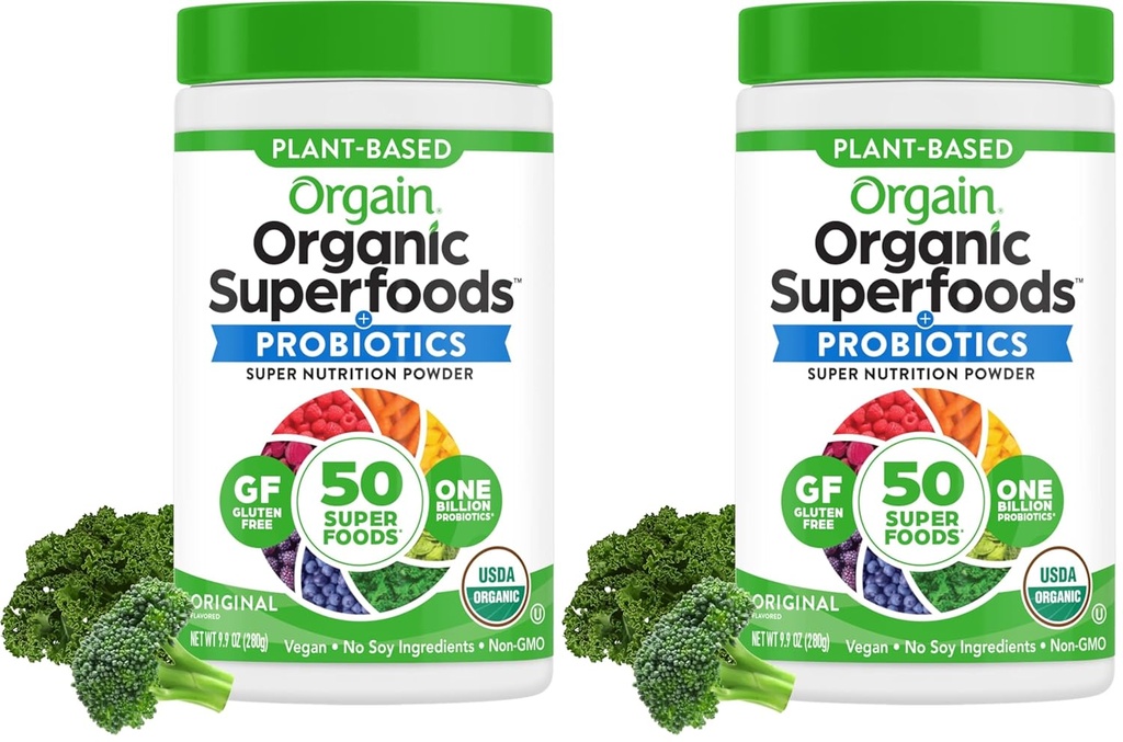 Orgain Organic Greens Powder + 50 Superfoods, Original - 1 Billion Probiotics for Gut Health, Antioxidants, Vegan, Plant Based, Gluten Free, Non GMO, Dairy Free Juice & Smoothie Mix - 0.62lb