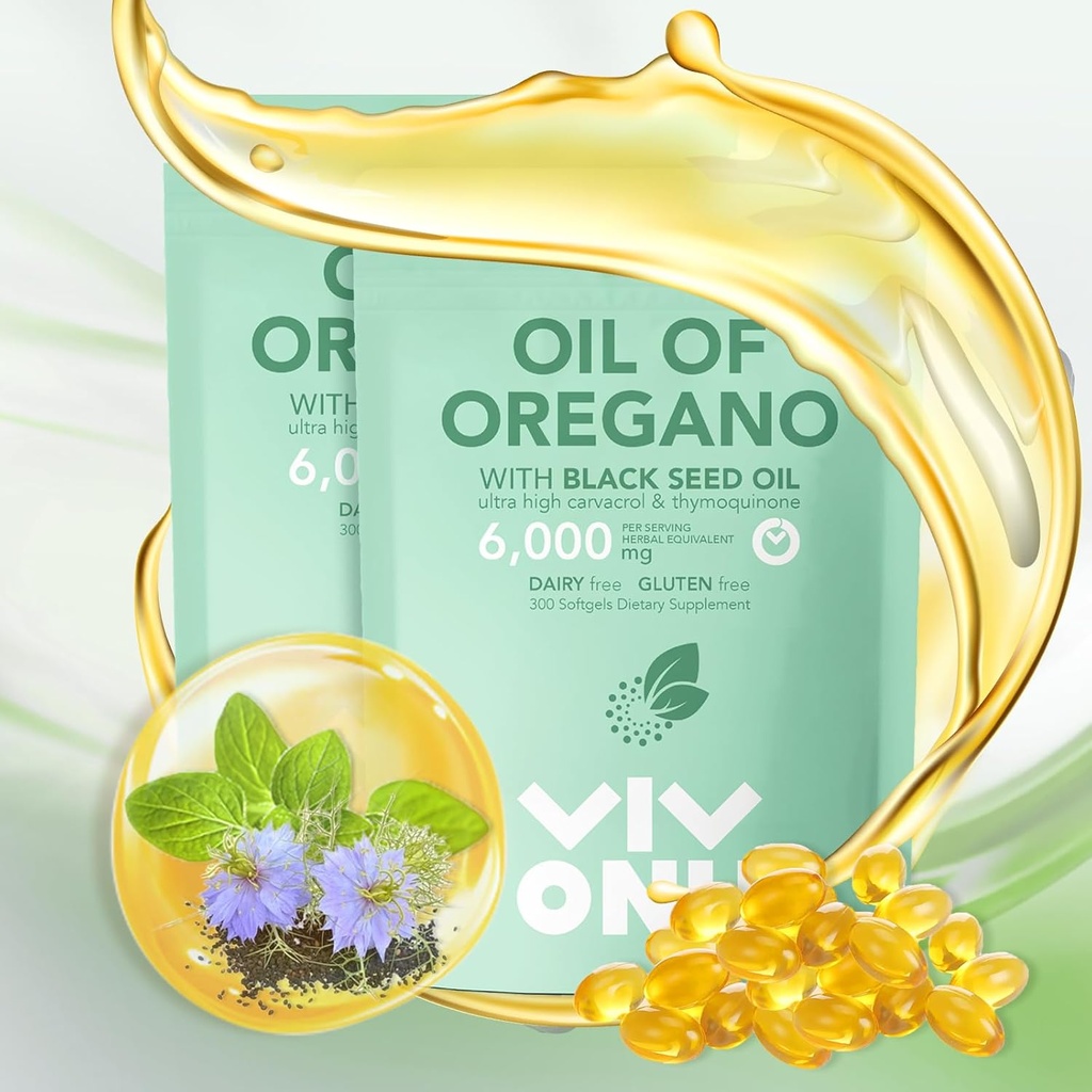 VivoNu Oil of Oregano med Black Seed Oil, Balanced Oil of Oregano Capsules, Organic OreganoOil Softels, Carvacrol, Thymoquinon, Non- GMO