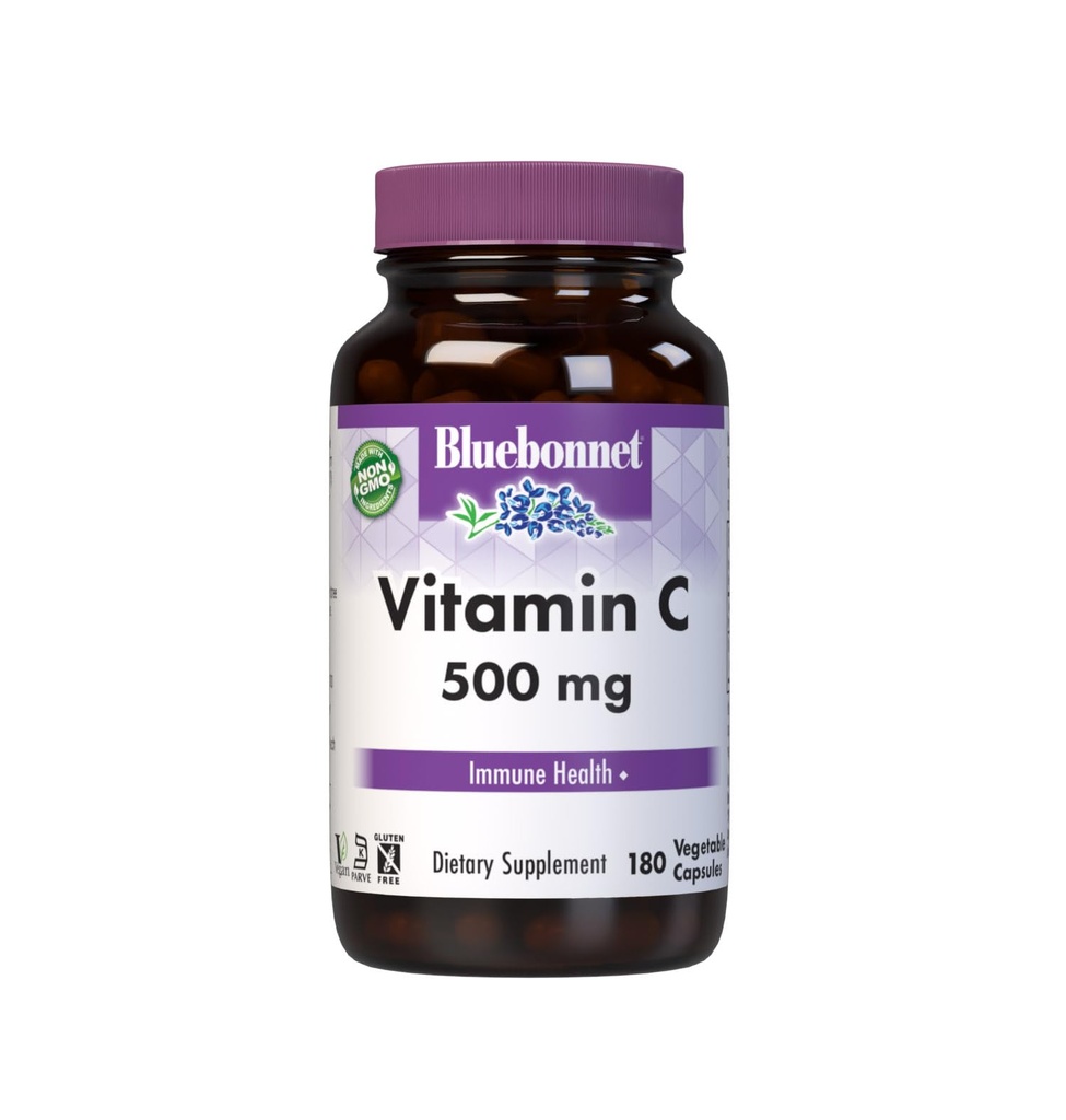 Bluebonnet Nutrition Vitamin C 500 mg Vegetabilske kapsler, Ascorbic Acid, for immunforsvar & hudsundhed, Vegan, Vegetar, Non GMO, Gluten Free, Soy Free, Milk Free, Kosher, 180 Vegetabilske kapsler