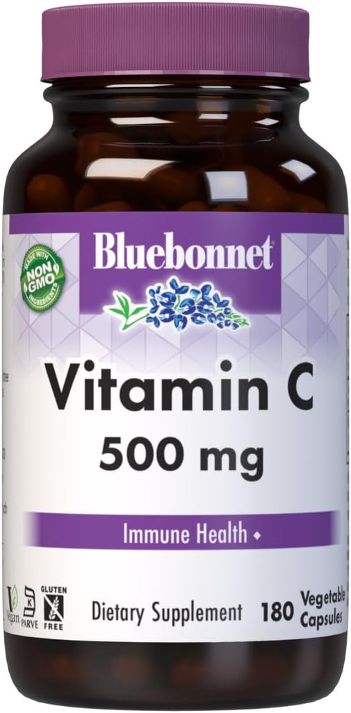 Bluebonnet Nutrition Vitamin C 500 mg Vegetable Capsules, Ascorbic Acid, for Immune Health & Skin Health, Vegan, Vegetarian, Non GMO, Gluten Free, Soy Free, Milk Free, Kosher, 180 Vegetable Capsules