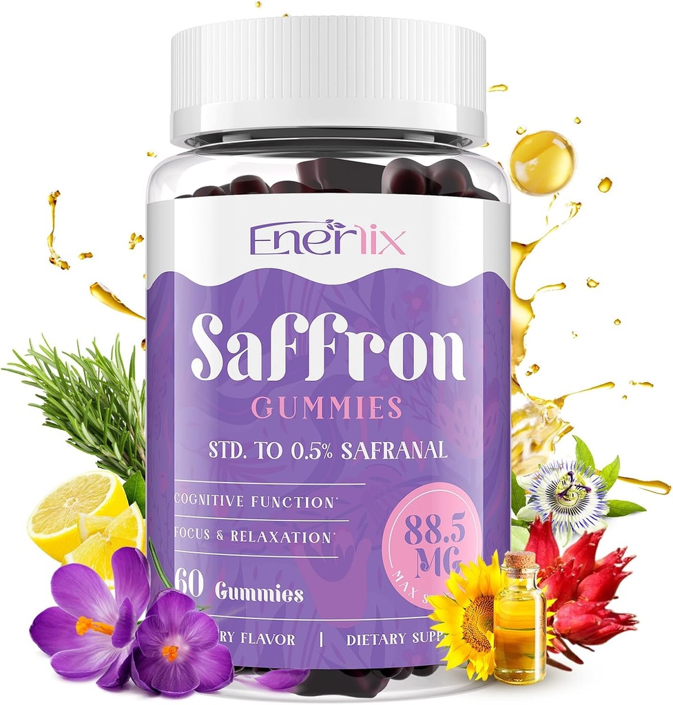 Saffron Gummies 88,5 mg med Magnesium, Max Strength Saffron Kosttilskud med St. John 's Wort, GABA, Rhodiola, Rosemary & Passion Flower Ekstrakter til mad, Focus - 60 Servere