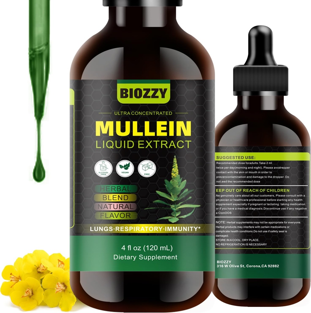 Generisk Mullein Drops til Lungs Mea124; Mullein Leaf Extract for Respiratory and Lungs Support Measurement 124; Mullein Extract Supplement Liquid