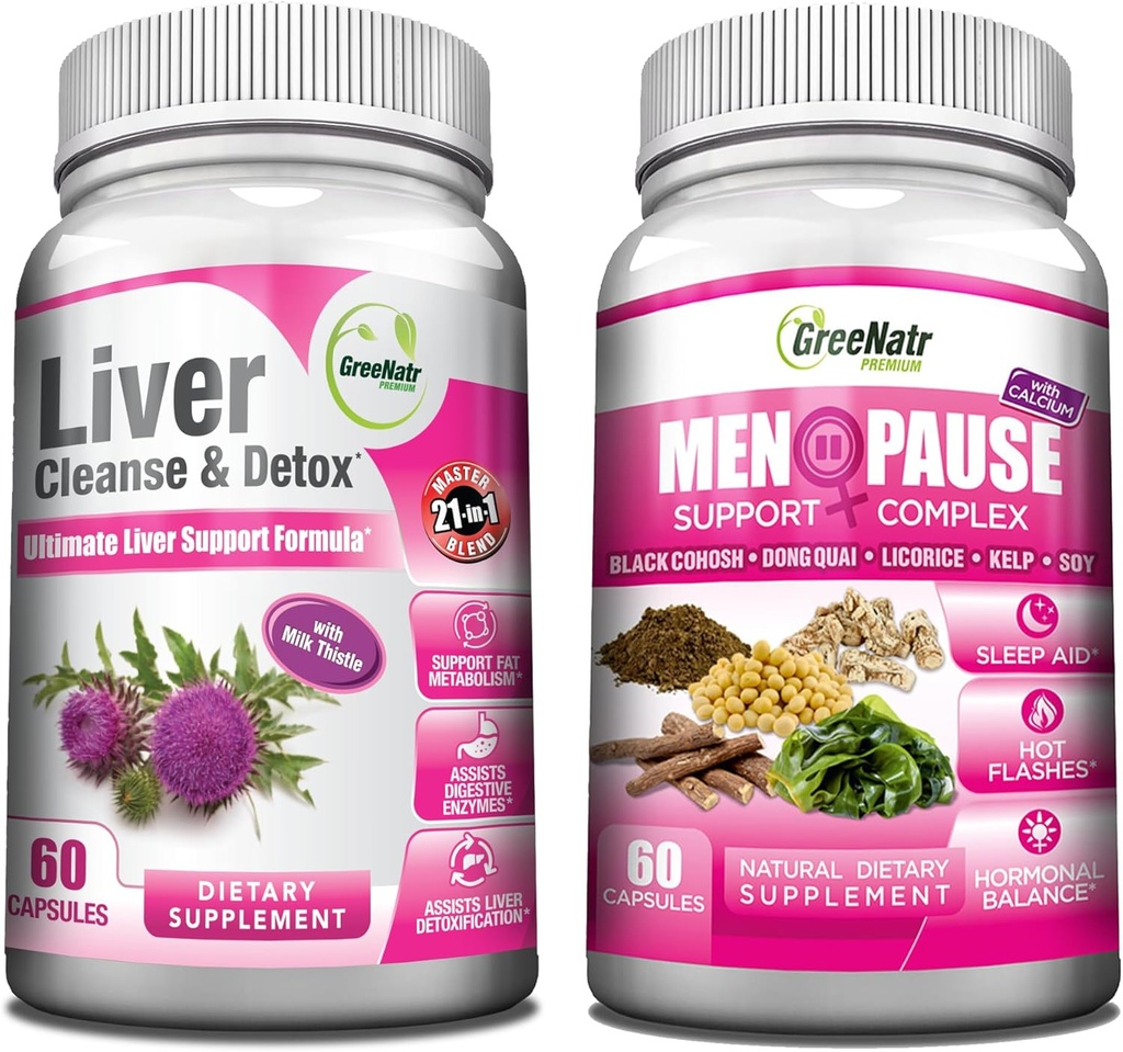 GreeNatr Synergisk Bundle - Herbal Menopause Support Complex for Hot Flashs, Night Sweats & Mood Swings Relief Plus Total Lever Revitalisering med vores Synergistiske Lever Cleanse