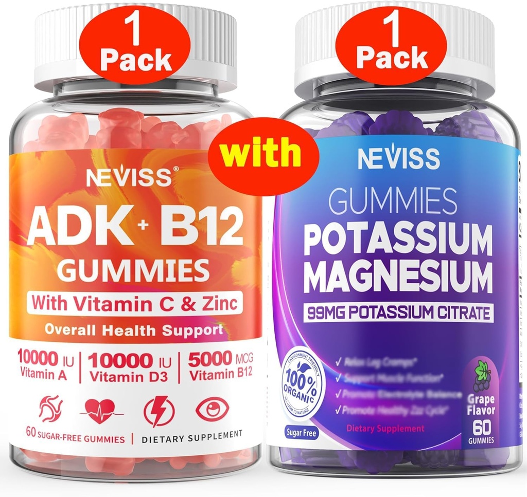 NEVISS 1Pack Vitamin ADK med B12 + 1Pack Kalium Magnesium Gummier