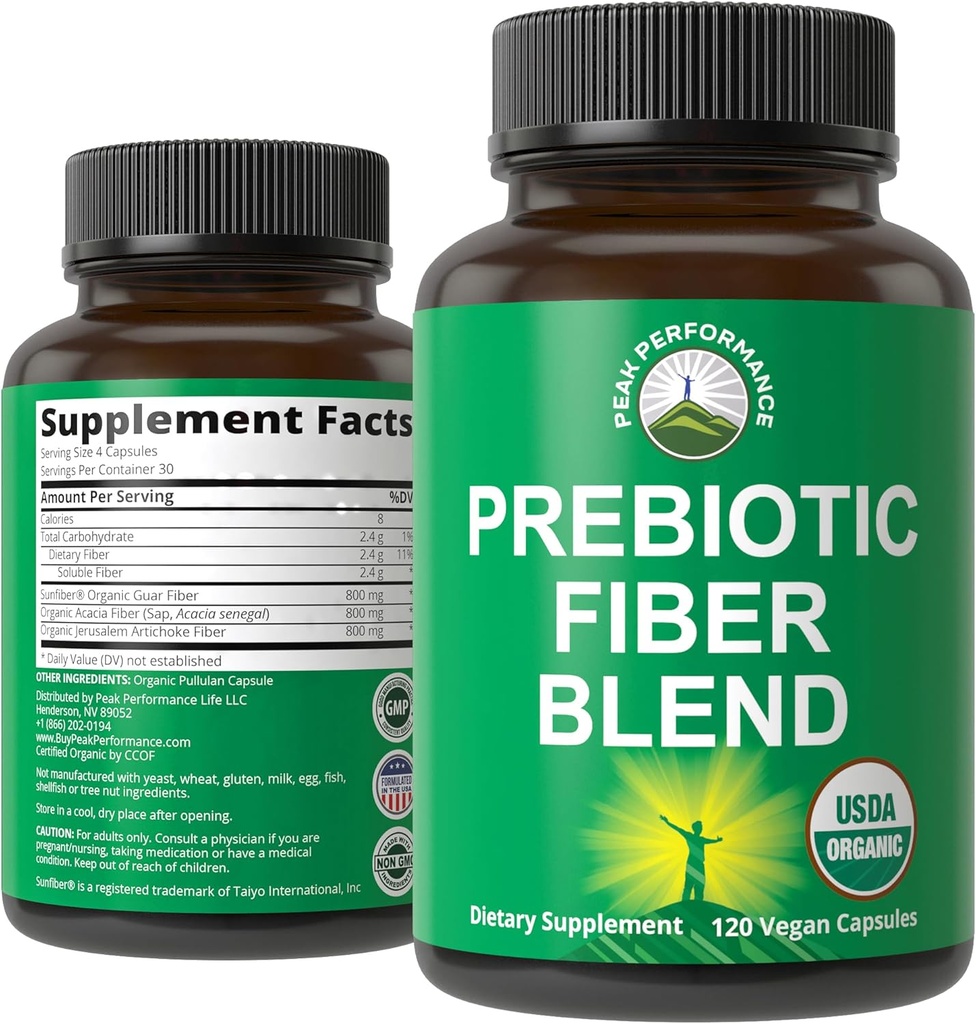 USDA Organic 3- in-1 Prebiotic Fiber - Veganske kapsler til Gut, fordøjelsessygdomme. Rå hele fødevarefabrikker Prebiotika Pills supplement med Inulin (Jerusalem Artiskoke), Acacia Fibers, SunFiber