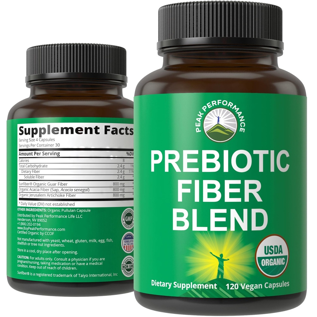 USDA Organic 3- in-1 Prebiotic Fiber - Veganske kapsler til Gut, fordøjelsessygdomme. Rå hele fødevarefabrikker Prebiotika Pills supplement med Inulin (Jerusalem Artiskoke), Acacia Fibers, SunFiber
