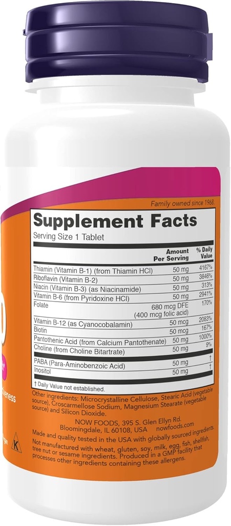 Now Supplements, Vitamin B - 50 mg, Energiproduktion *, Nervesystemet Sundhed *, 100 tabletter (pakke med 2)