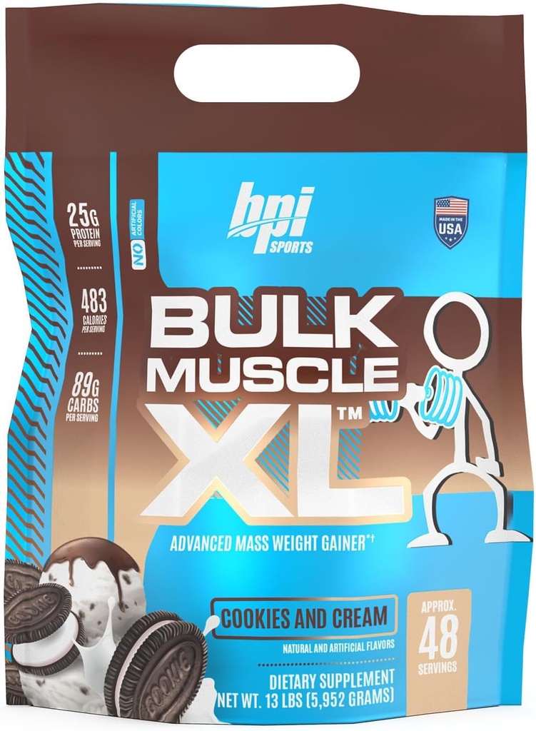 BPI Sports Bulk Muscle XL - Advanced Mass Weight Gainer til Alvorlig Muscle Building & Recovery, 25g Protein & 497 Kalorier Per Servering - Chokolade, 13lb Bag (13lb, Cookies og Cream)
