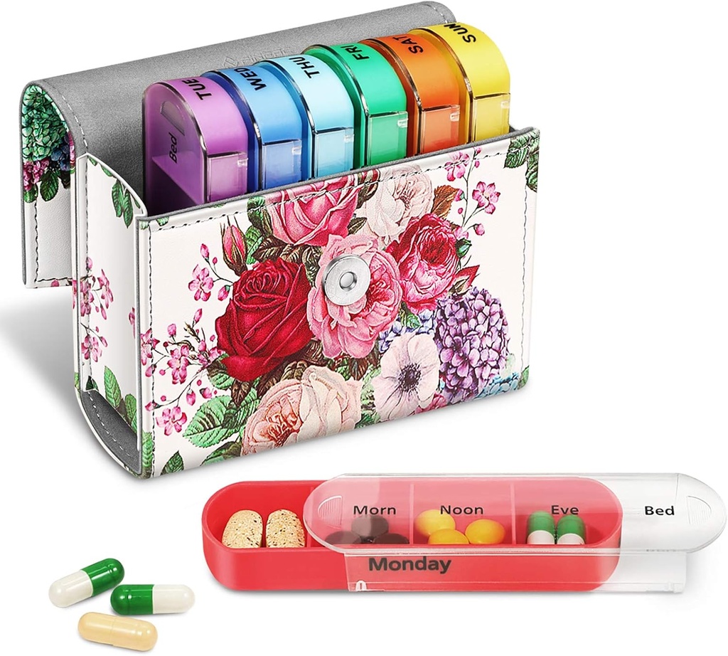 FINPAC Weekly Pill Arrangører 4 gange om dagen, Slide Open PU læder sag Rejse Pill Vitamin Medicine Reminder og Planner med navn Card for Morning Medicine 124; Eftermiddag Medicine 124; Aften Medicine 124; Sengetid (Flower Festival)