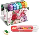 FINPAC Weekly Pill Arrangører 4 gange om dagen, Slide Open PU læder sag Rejse Pill Vitamin Medicine Reminder og Planner med navn Card for Morning Medicine 124; Eftermiddag Medicine 124; Aften Medicine 124; Sengetid (Flower Festival)