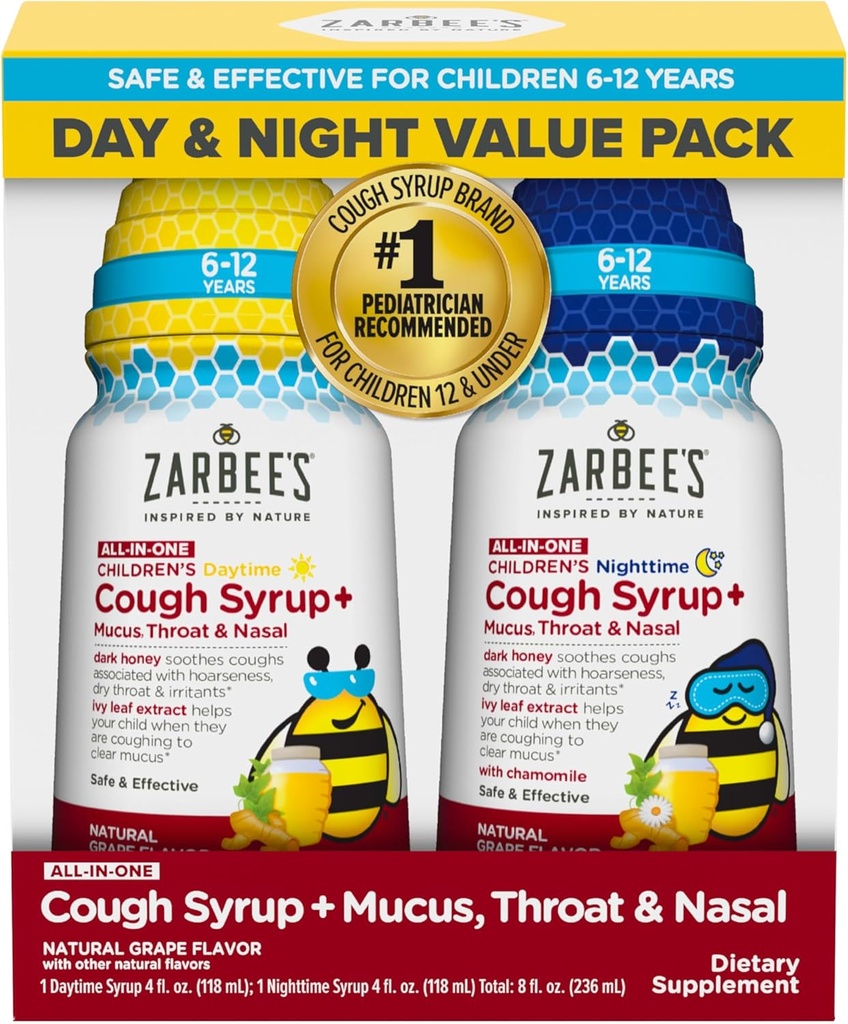 Zarbee 's Children' s All- in- One Honey Hough Syrup + Mucus, Thromat & Nasal Day & Night Value Two Pack for Kids 6- 12 + Dark Honey, Ivy Leaf Extract, Zink gurkemeje Root & B- Vitaminer, Grape, 2 x 4 fl. Oz