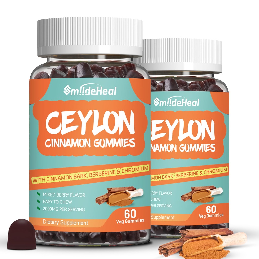 2 pakke sukker fri Ceylon kanel gummier 2000MG, kanel supplement med krom og kanel Bark, Vegan, non-GMO, gluten fri, 120 gummies