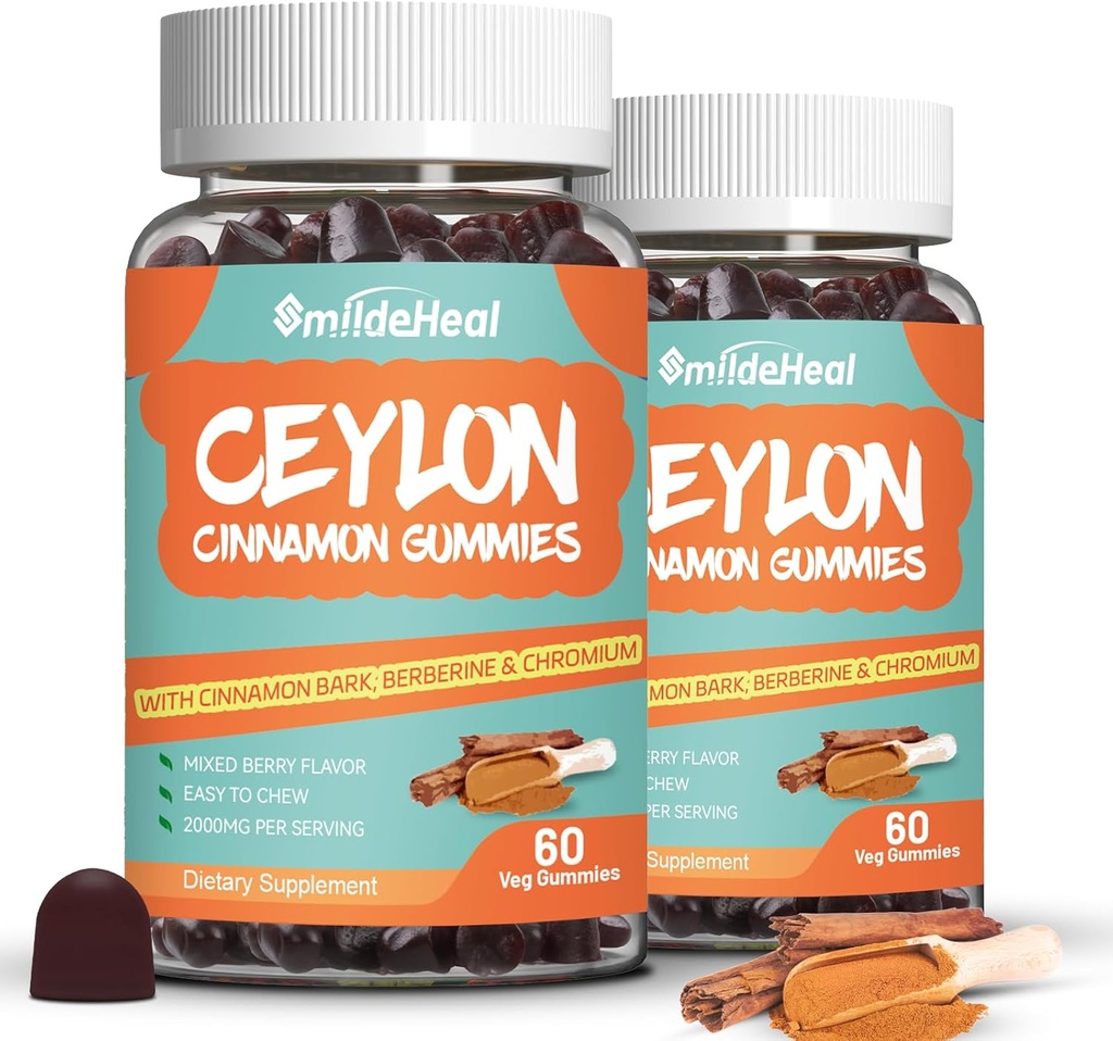 2 pakke sukker fri Ceylon kanel gummier 2000MG, kanel supplement med krom og kanel Bark, Vegan, non-GMO, gluten fri, 120 gummies