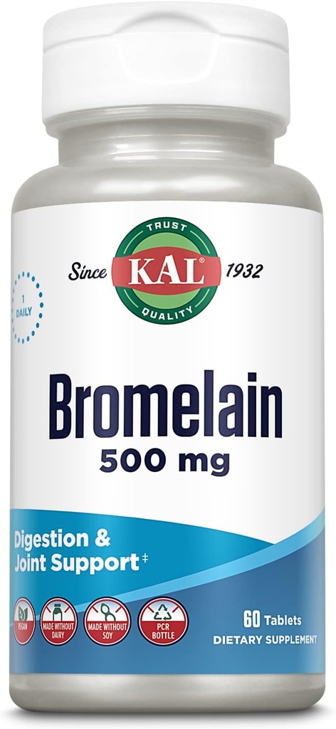 KAL Bromelain 500 mg, fordøjelse og fælles supporttillæg, fordøjelsesenzymer, ananas ekstrakt, hurtig opløsning, Vegan, Made without Dairy or Soy, Lab Verified, 60 Servere, 60 tabletter