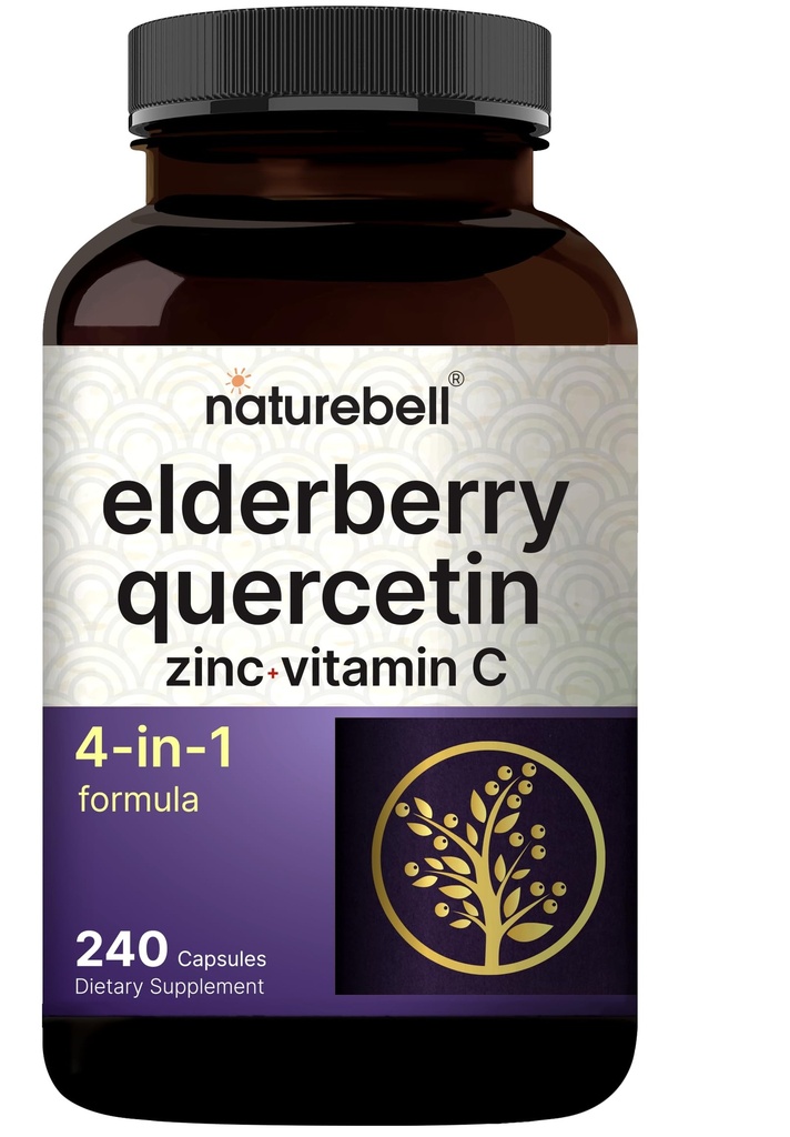 NatureBell Sambucus Elderberry Kapsler, 5000mg Per Servering med Quercetin 500mg, C-vitamin og zink, 240 Greve • 124; European Black Elderberry Fruit Extract - 4 i 1 immunsupporttilskud